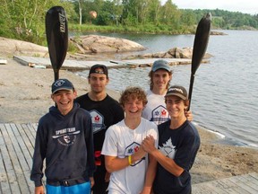 Sudbury Canoe Club members (front row, from left) Julien Turpin, Cole Macey, and Matteo Volpini, (back row), will join Evan Volpini, and Lucas Gilpin at the Western Ontario Division Canoe Kayak Championships this weekend in Welland.