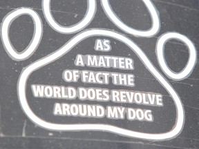 Bumper sticker on vehicle near Sault Ste. Marie Humane Society's Cause for Paws at Roberta Bondar Pavilion in Sault Ste. Marie, Ont. on Saturday, Sept. 15, 2018. (BRIAN KELLY/THE SAULT STAR/POSTMEDIA NETWORK)