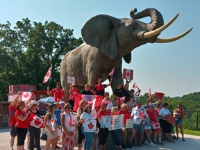 Celina Toth’s supporters gathered Sunday at the Jumbo monument to cheer the St. Thomas native at the Tokyo Olympics, where the 29-year-old diver competes next week in the women’s 10-metre platform event. (Eric Bunnell photo)