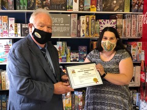 Quinte West Mayor Jim Harrison joined Brenda Ripley for the opening of Pieces Boardgame Cafe which has opened at 22 Front St. in Downtown Trenton offering a menu of food, drinks, ice cream and candy, along with fun games to rent, buy or play.