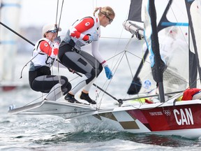 Canadians Ali ten Hove of Kingston and Mariah Millen compete in the women's skiff 49er class on Day 7 at Enoshima Yacht Harbour on Friday in Fujisawa, Kanagawa, Japan.