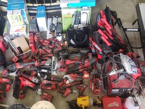The Ontario Provincial Police says more than $37,000 worth of stolen property was recovered from a home in Nipissing Township, Tuesday. Two people have been charged. Ontario Provincial Police Photo
