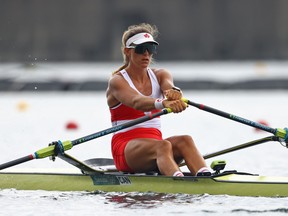 Rower Carling Zeeman of Canada in action at the Tokyo 2020 Olympics in the women's single sculls B final at Sea Forest Waterway, Tokyo, Japan on July 30, 2021.