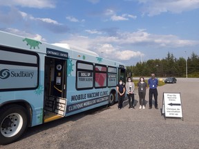 On Tuesday, July 27 there were two pop-up clinics in the Espanola area.  The mobile vaccination clinic bus was at Goodman's Motel at Highway 17 in McKerrow from 3:30-6:30 p.m. Earlier in the day, the mobile clinic was at EACOM Timber in Nairn Centre.