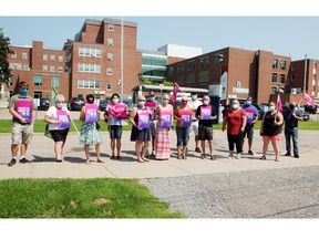CUPE members from the Pembroke Regional Hospital rallied against wage cuts and for better protections outside the hospital during their lunch break Monday. They were joined by Sharon Richer (fourth from right), CUPE’s Ontario Council of Hospital Unions (OCHU/CUPE) secretary-treasurer. Tina Peplinskie