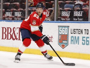Florida Panthers defenceman Brandon Montour handles the puck against the Columbus Blue Jackets at the BB&T Center on April 19, 2021, in Sunrise, Florida. (Photo by Joel Auerbach/Getty Images)