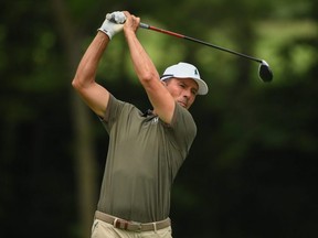 Mike Weir of Bright's Grove, Ont., plays his shot from the fourth tee during the third round of the U.S. Senior Open Championship at the Omaha Country Club on July 10, 2021, in Omaha, Nebraska. (Photo by Quinn Harris/Getty Images)