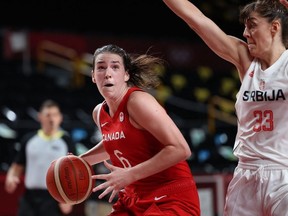Canada's Bridget Carleton dribbles past Serbia's Tina Krajisnik in a women's preliminary-round Group A basketball match during the Tokyo Olympic Games at the Saitama Super Arena in Saitama on July 26, 2021. (Photo by Thomas COEX / AFP) (Photo by THOMAS COEX/AFP via Getty Images)