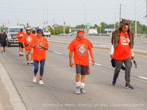 Chief Vern Janvier and supporters begin a 500-kilometre walk from Sudbury to Ottawa honouring residential school survivors and protesting the Indian Act on July 18, 2021. Supplied Image/Joey Podlubny