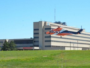 An Ornge air ambulance takes off from the hospital in Owen Sound in May 2021.