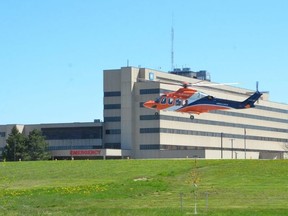 An Ornge air ambulance takes off from the hospital in Owen Sound in May 2021.