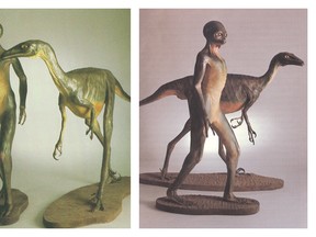 Models of a troodontid dinosaur and its hypothetical descendant walk side by side. This ‘Dinosauroid’ is unrealistic to most scientists, but does that mean we still can’t enjoy it?