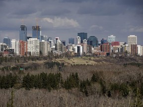 Edmonton's downtown skyline and river valley are visible from Riverside Drive, in Edmonton Tuesday May 1, 2018.