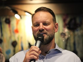 Sandy Bowman announces his run for mayor of the Regional Municipality of Wood Buffalo at the downtown Earls on Tuesday, August 3, 2021. Vincent McDermott/Fort McMurray Today/Postmedia Network