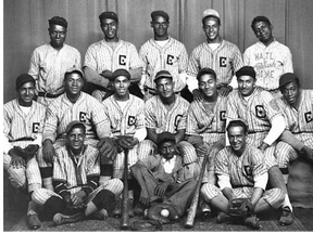 The 1934 Ontario Baseball Amateur Association intermediate B champions, the Chatham Coloured All-Stars, are shown in a team photo taken before their successful run for the title. Team members are, front row, left: Stanton Robbins, batboy Jack Robinson and Len Harding. Second row: Hyle Robbins, Earl "Flat" Chase, King Terrell, Don Washington, Don Tabron, Ross Talbot and Cliff Olbey. Back row: coach Louis Pryor, Gouay Ladd, Sagasta Harding, Wilfred "Boomer" Harding and coach Percy Parker. Manager Joe "Happy" Parker is absent. File photo/Chatham Daily News