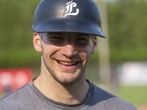 Hayden Jaco, a catcher and pitcher for the London Majors, practices Monday, July 5, 2021. The Majors  start their season Friday night at Labatt Park. Jaco, who's scheduled to catch Friday, catch Saturday and pitch Sunday says he moved to those positions because his grandmother didn't want to watch him standing around in the outfield. "So, I moved to the middle of the game," Jaco laughs. (Mike Hensen/The London Free Press)