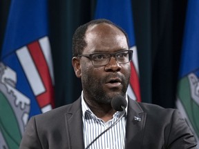 Kaycee Madu, Minister of Justice and Solicitor General speaks to media at a press conference in Calgary. Madu is asking the federal government to amend the Criminal Code to allow people to carry and use pepper spray in self-defence.