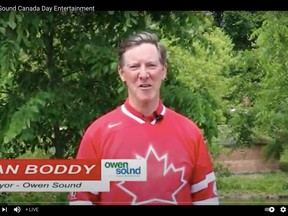 Owen Sound Mayor Ian Boddy offering Canada Day remarks during a pre-recorded, COVID-friendly online package of entertainment Thursday, July 1 2021 in Owen Sound, Ont. (Screen shot)