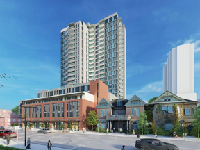 A rendering showing a 24-storey apartment building planned by Medallion Corp. in Old East Village. The developer plans to build 243 units, including some affordable, near Dundas and Hewitt streets on the corner of a block where it's already built three residential towers.
