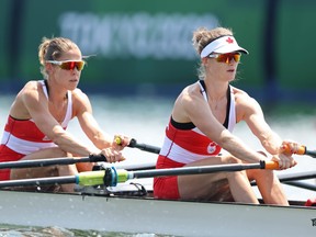 Jill Moffatt (left) and Jennifer Casson compete in the Women’s Lightweight Double sculls event at the Sea Forest Waterway in Tokyo, Japan on Saturday.