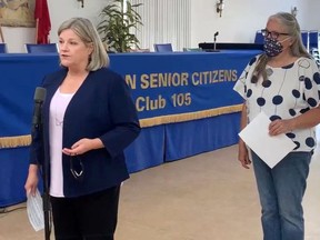 Ontario Official Opposition Leader Andrea Horwath, left, announces the NDP's proposed caregiver benefit Thursday at the Trenton Senior Citizens Club. With her was former caregiver Jennifer Warr-Hunter of Prince Edward County.