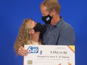 Margaret and Mark Peters of Simcoe won $9.4 million in the Lotto 6/49 draw on June 12. OLG PHOTO