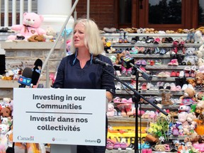 Catherine McKenna, Minister of Infrastructure and Communities, announces on Monday $7.6 million in funding from the federal government for Phase 3 of the restoration of the former Mohawk Institute residential school in Brantford. The provincial government is contributing another $1.8 million to the project.