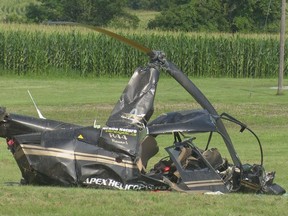 The Transportation Safety Board of Canada is investigating a helicopter crash in Brantford on July 25, 2021. A spokesperson for Apex Helicopters of Wingham, owner of the helicopter, says the pilot is expected to recover. (David Ritchie photo)