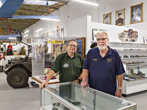 Canadian Military Heritage Museum chair Bob Ion (left) and director Ted Abbott say the museum's closure for the 2020 season due to the pandemic allowed volunteers to make extensive changes to exhibits. The museum on Greenwich Street in Brantford reopened two weeks ago. Brian Thompson/Brantford Expositor/Postmedia Network