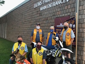 Members of the Brantford Lions Club are helping organize the Motorcycle Charity COVID-19 Run in support of Participation Support Servcies and the Canadian Mental Health Associationn. In the photo are: Bob Brown (front, left), with Lazer; Mark Stewart, with Ninja; Scott Dillabough (back, left); Moe Clark and Chris Kruger.