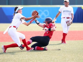 Brantford's Erika Polidori steals second base in the third inning of the Canadian women's softball team's opening game Wednesday at the Tokyo Olympic Games. Canada beat Mexico 4-0.