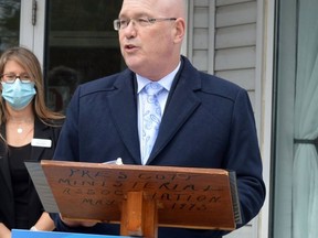 Leeds-Grenville-Thousand Islands and Rideau Lakes MPP Steve Clark speaks at a funding announcement in Prescott in March, 2021. (FILE PHOTO)