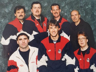 From the Kids Christian Hockey League archives in 1997: Front row: Greg Simpson, Laurie Boschman and Paul Armstrong. Back row: Russ Revell, Jim Edgley, Randy Hopkins and Dave Cotie.
Submitted photo/The Recorder and Times