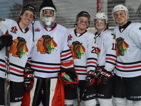 From left, Brockville Braves Owen Belisle, Antoine Bourdeau, Troy Bowditch, Matthew Donovan and Anthony Biniaris take part in the outdoor game with the Kemptville 73's at Rotary Park in February.
File photo/The Recorder and Times