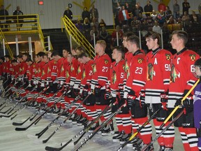 The Brockville Braves line up before their home-opener in Sept. 2019. The Braves are scheduled to open the 2021-2022 regular season at home on Friday, Sept. 24.
File photo/The Recorder and Times