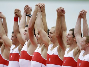 Canada's Brain Price, Will Crothers, Jeremiah Brown, Andrew Byrnes, Malcolm Howard, Conlin McCabe, Rob Gibson, Douglas Csima, and Gabriel Bergen celebrate at the podium after winning the silver medal for the men's rowing eight at the 2012 Summer Olympics in London.
AP Photo/Chris Carlson/Postmedia file