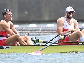 Canada's Kai Langerfeld and Brockville native Conlin McCabe react at the end of their men's pair semi-final at the Tokyo 2020 Olympic Games on Wednesday. The Canadians placed third in their race and advanced to the A (medal) final scheduled for Thursday morning (Wednesday night Brockville time).
CHARLY TRIBALLEAU/AFP via Getty Images