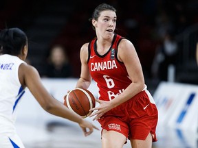 Bridget Carleton of Chatham, Ont., plays for Canada against the Dominican Republic at a FIBA women's Olympic pre-qualifying tournament in Edmonton on Sunday, Nov. 17, 2019. (Photo courtesy of FIBA)