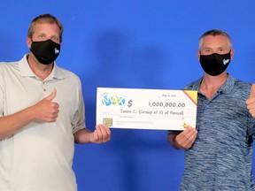 Hensall friends Jason Clarke, left, and Michael Hoffman are celebrating their recent $1-million Lotto Max win. OLG photo