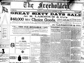 The front page of the Friday, Dec. 16, 1892, Cornwall Freeholder.