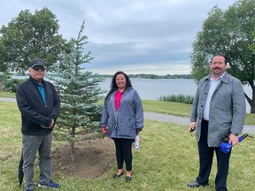 Kana:takon chiefs Tim Thompson and Julie Phillips-Jacobs, and Grand Chief Abram Benedict spoke in memory of Darryl Lazore while helping to plant a tree in his honour, as seen on Thursday, July 8, 2021. Handout/Cornwall Standard-Freeholder/Postmedia Network
