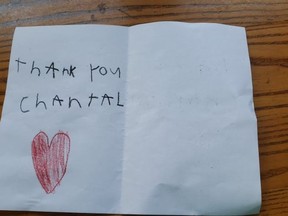 Chantal Dean received this card after saving a seven-year-old girl from a dog attack on July 9, 2021 in Cornwall, Ont. Handout/Cornwall Standard-Freeholder/Postmedia Network