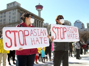 Hundreds came out to support the Stop Asian Hate rally at the Olympic Plaza hosted by the Calgary Asian Community in Calgary on Sunday, March 28, 2021. Darren Makowichuk/Postmedia Postmedia Calgary