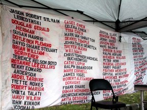 A banner with the names of those who have died on Highway 63 is on display at the tenth Highway 63 Memorial Ride on Saturday, July 17, 2021. Laura Beamish/Fort McMurray Today/Postmedia Network