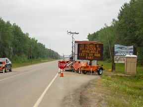 A gate outside Janvier, Alta. designed to register visitors and take temperature checks on Monday, July 19, 2021. Scott McLean/Fort McMurray Today/Postmedia Network