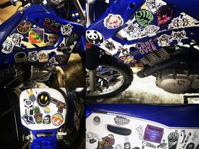 Images of the unique stickers on dirt bikes that were reported stolen to Ontario Provincial Police on July 20. Supplied Photo