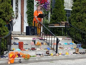 Donna Lynn of ALPHA, Mi'kmaq woman, addressed the crowd on July 1 as a quiet memorial service was held in honour of all of the indigenous children who died while in residential schools or similar care. About 300 people were in attendance.  
Supplied by Michelle Gloumeau