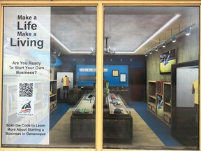 The Make a Life, Make a Living Storefront Vacancy Initiative has posted signs and photos in two empty shop windows in Gananoque and Lansdowne to give prospective businesses and idea of what it would be like to set up shop locally. The QR code allows them to immediately access project websites to get further information. 
Supplied by Dennis O'Connor