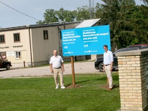 Lambton-Kent-Middlesex MPP Monte McNaughton, right, stopped by the North Middlesex works shed in McGillivray on July 22 to announce $100,000 in COVID-19 Resilience Infrastructure funding toward a renovation project on the building. With McNaughton is North Middlesex Mayor Brian Ropp.