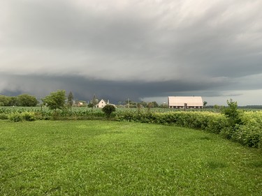 As seen from Forresters Falls, the storm approaches the Rocher Fendu area of Whitewater Region.